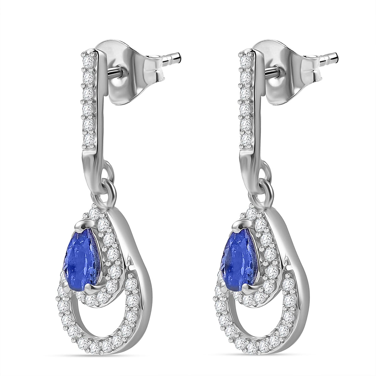 Tanzanite, White Zircon Dangling Earrings in Rhodium Overlay Sterling Silver 7948776 3