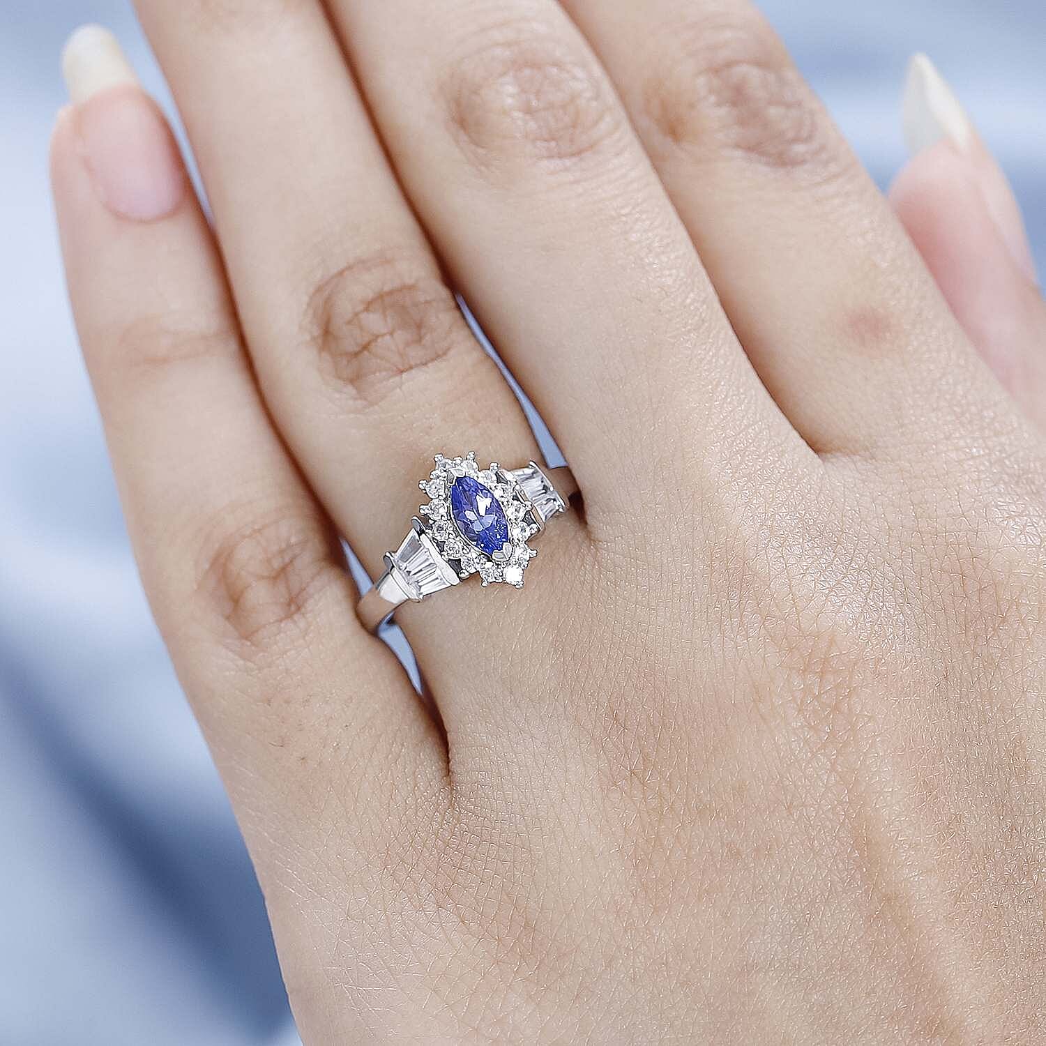 Tanzanite and Natural Zircon Halo Ring in Platinum Overlay Sterling Silver V32529505 6