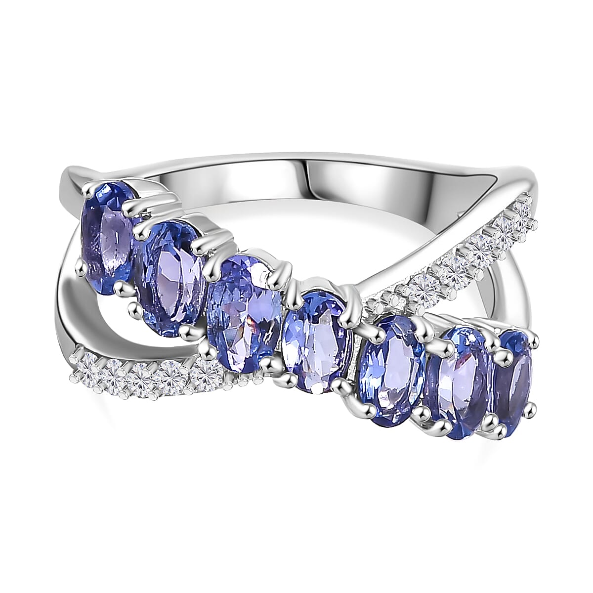 Tanzanite and White Zircon 7-Stone Ring in Rhodium Overlay Sterling Silver 1.83 Cts. 7994098 0