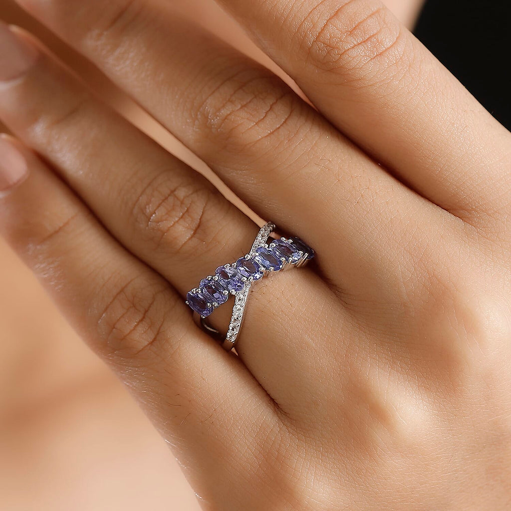 Tanzanite & White Zircon Ring in Rhodium Overlay Sterling Silver  1.83 Ct.
