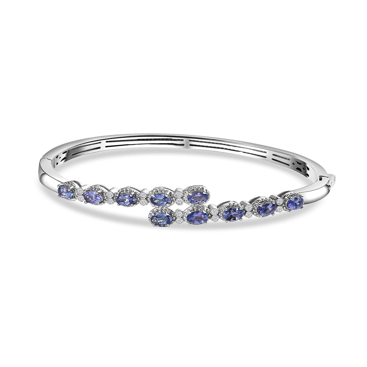 Tanzanite &amp; Natural Zircon Cuff Bangle (Size 7.5) in Platinum Overlay Sterling Silver 2.55 Ct, Silver Wt. 15.15 Gms 7668180 0