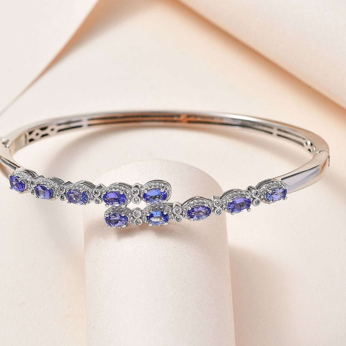 Tanzanite &amp; Natural Zircon Cuff Bangle (Size 7.5) in Platinum Overlay Sterling Silver 2.55 Ct, Silver Wt. 15.15 Gms 7668180 2