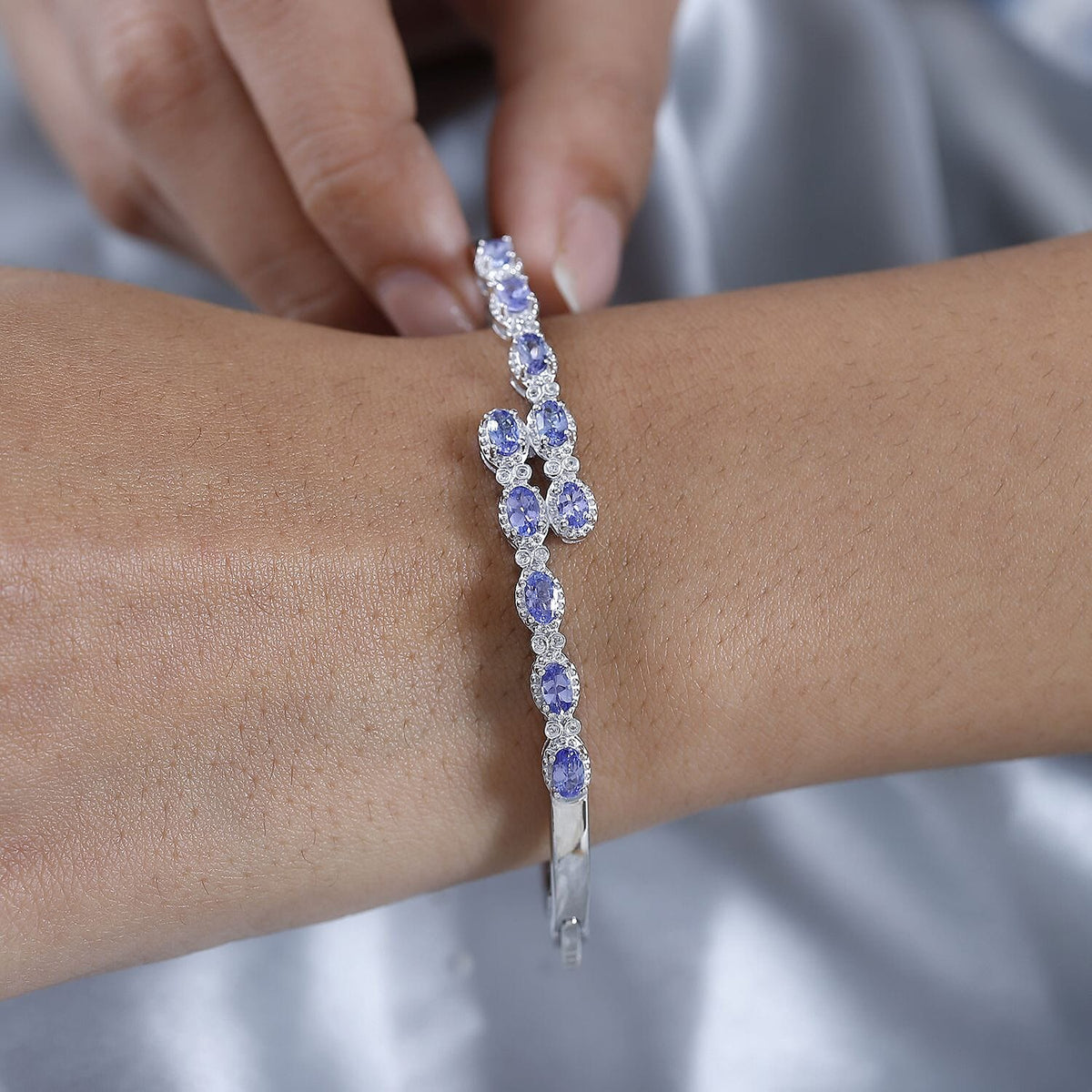 Tanzanite &amp; Natural Zircon Cuff Bangle (Size 7.5) in Platinum Overlay Sterling Silver 2.55 Ct, Silver Wt. 15.15 Gms 7668180 3