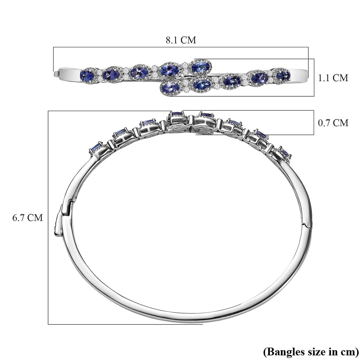 Tanzanite &amp; Natural Zircon Cuff Bangle (Size 7.5) in Platinum Overlay Sterling Silver 2.55 Ct, Silver Wt. 15.15 Gms 7668180 6