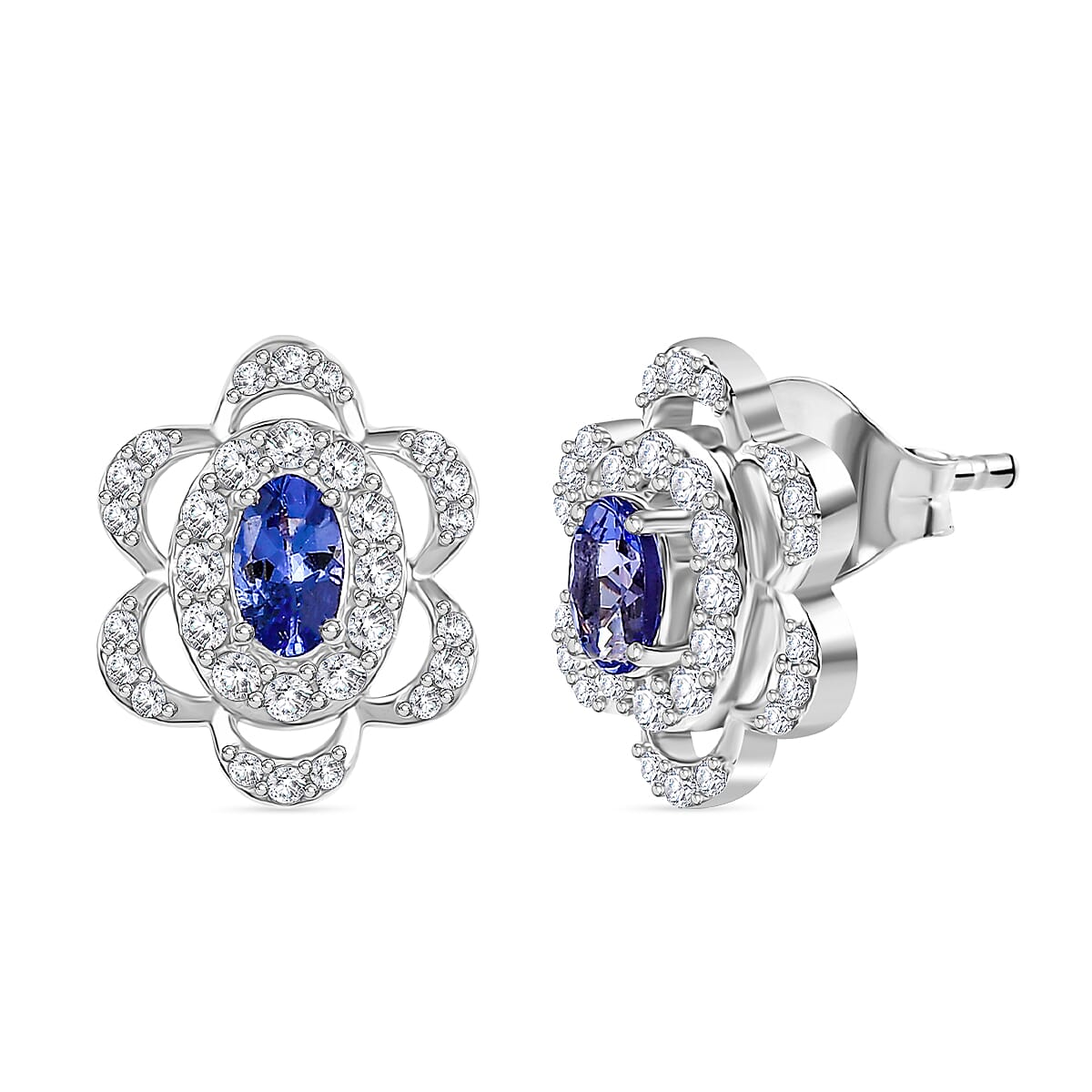 Tanzanite &amp; White Zircon Cluster Halo Earring with Push Back in Rhodium Overlay Sterling Silver 8058962 0