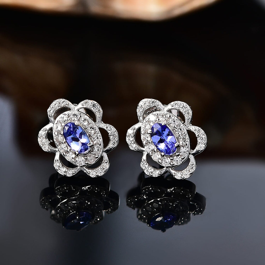 Tanzanite & White Zircon Cluster Halo Earring with Push Back in Rhodium Overlay Sterling Silver