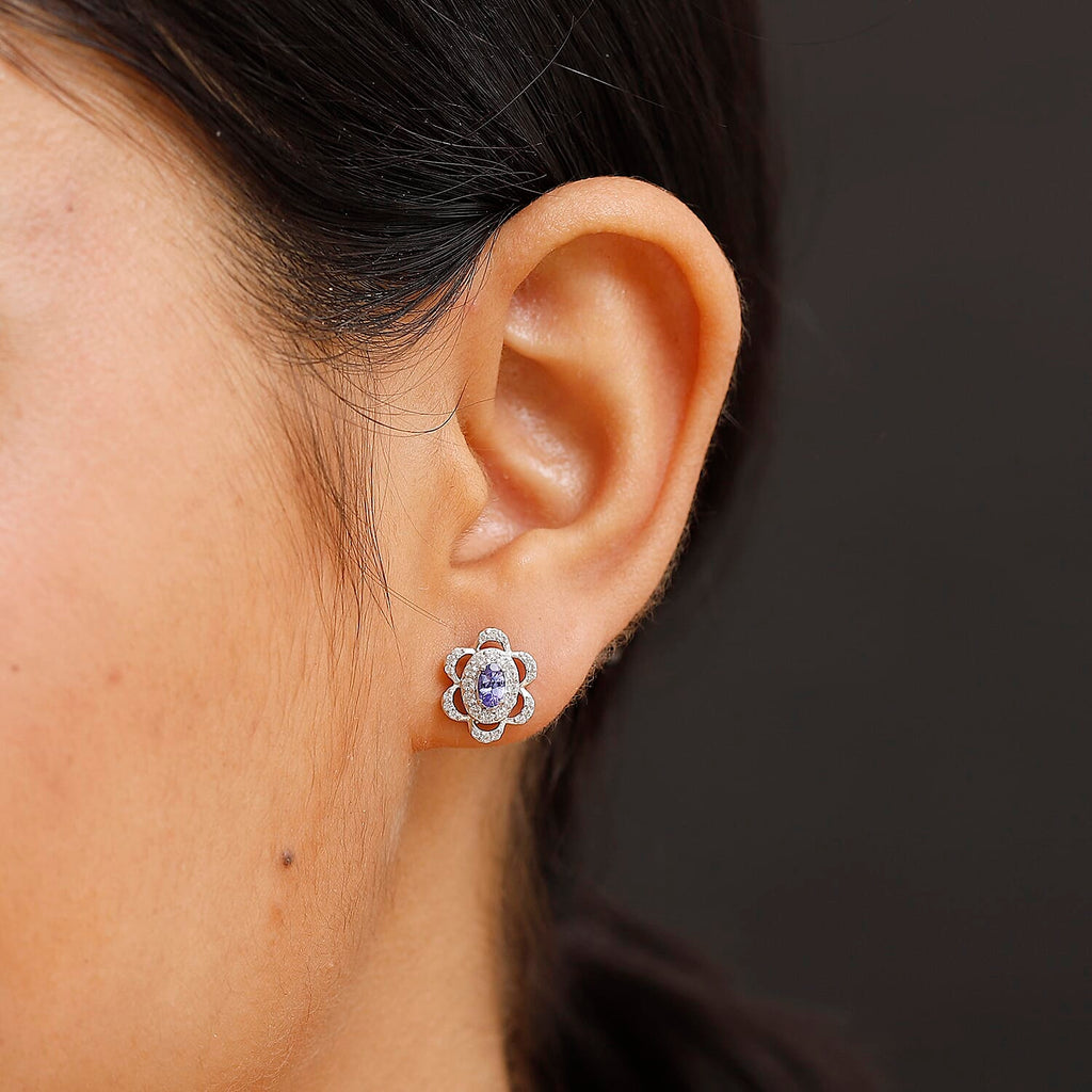 Tanzanite & White Zircon Cluster Halo Earring with Push Back in Rhodium Overlay Sterling Silver
