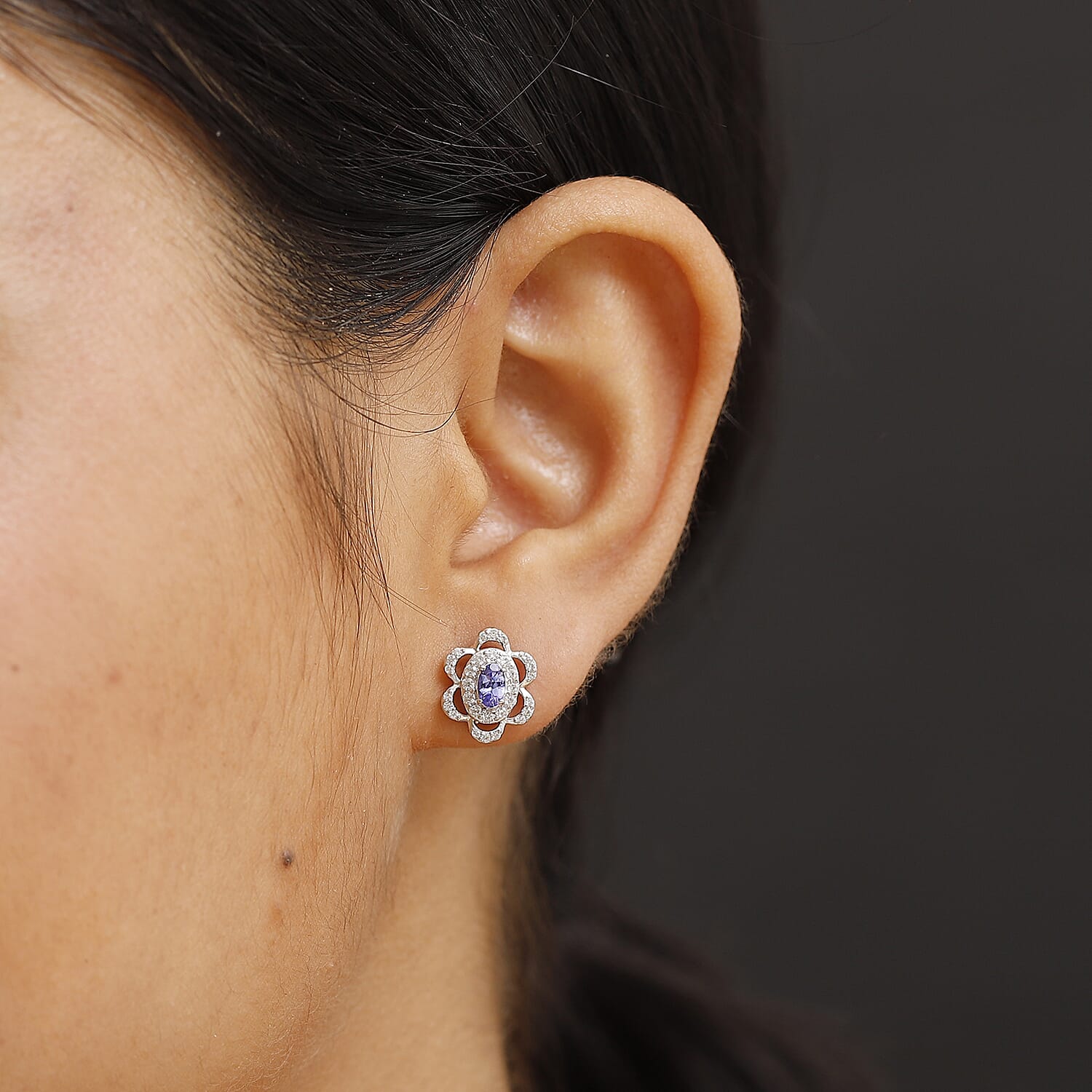 Tanzanite &amp; White Zircon Cluster Halo Earring with Push Back in Rhodium Overlay Sterling Silver 8058962 3