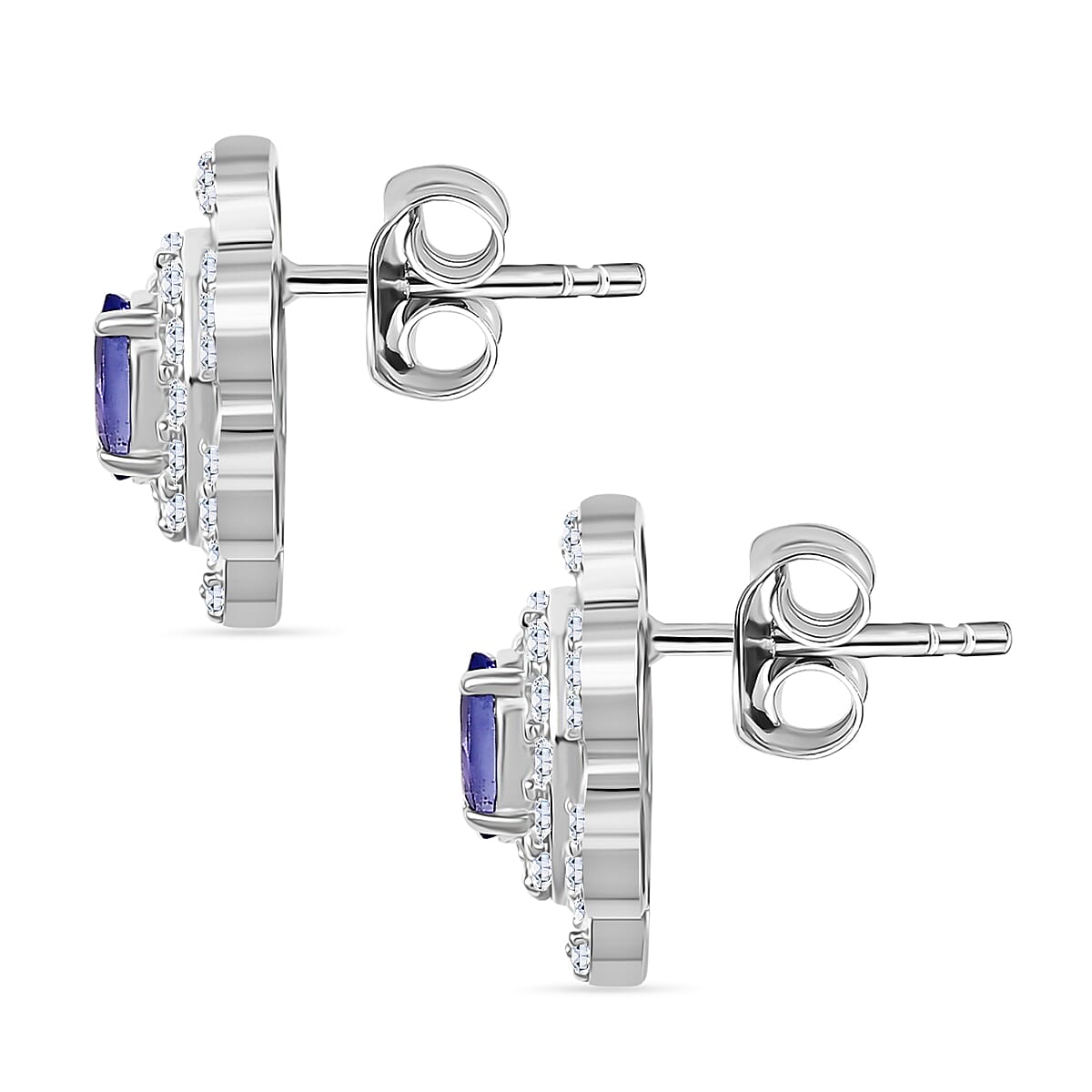 Tanzanite &amp; White Zircon Cluster Halo Earring with Push Back in Rhodium Overlay Sterling Silver 8058962 4