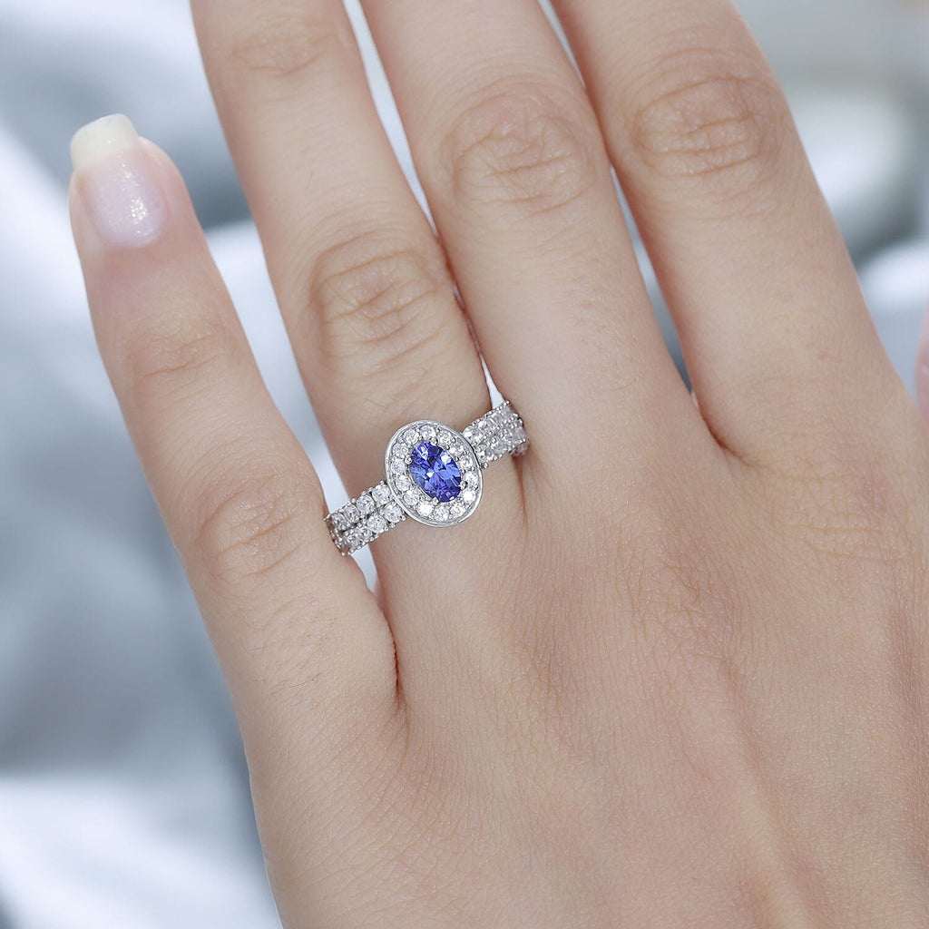 AAA Tanzanite & Natural Zircon Halo Ring in Platinum Overlay Sterling Silver 1.35 Ct