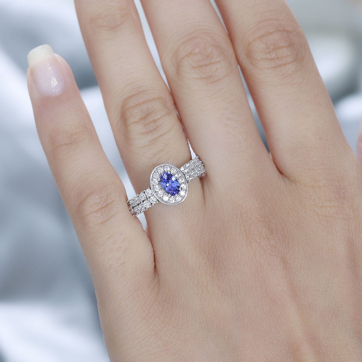 AAA Tanzanite and Natural Zircon Halo Ring in Platinum Overlay Sterling Silver 7767376 2