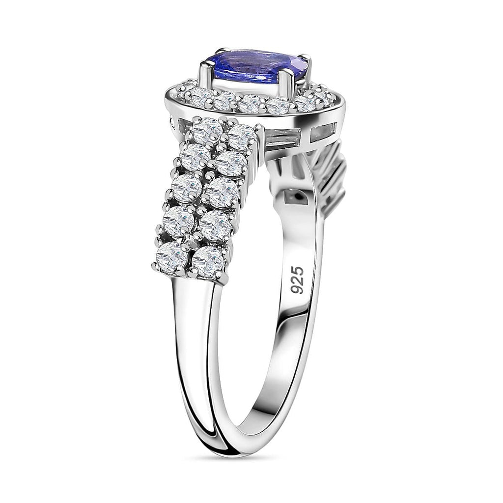 AAA Tanzanite & Natural Zircon Halo Ring in Platinum Overlay Sterling Silver 1.35 Ct
