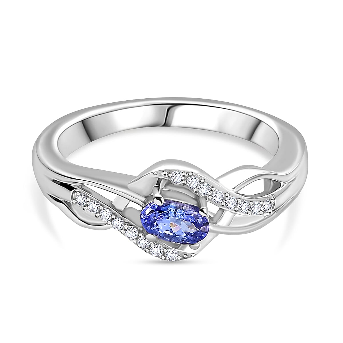 Tanzanite, White Zircon Swirl Ring in Rhodium Overlay Sterling Silver 0.39 Cts. 7993087 0
