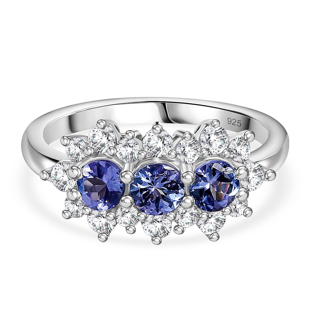 Tanzanite & White Zircon Ring in Rhodium OverlaySterling Silver 0.84 Ct.