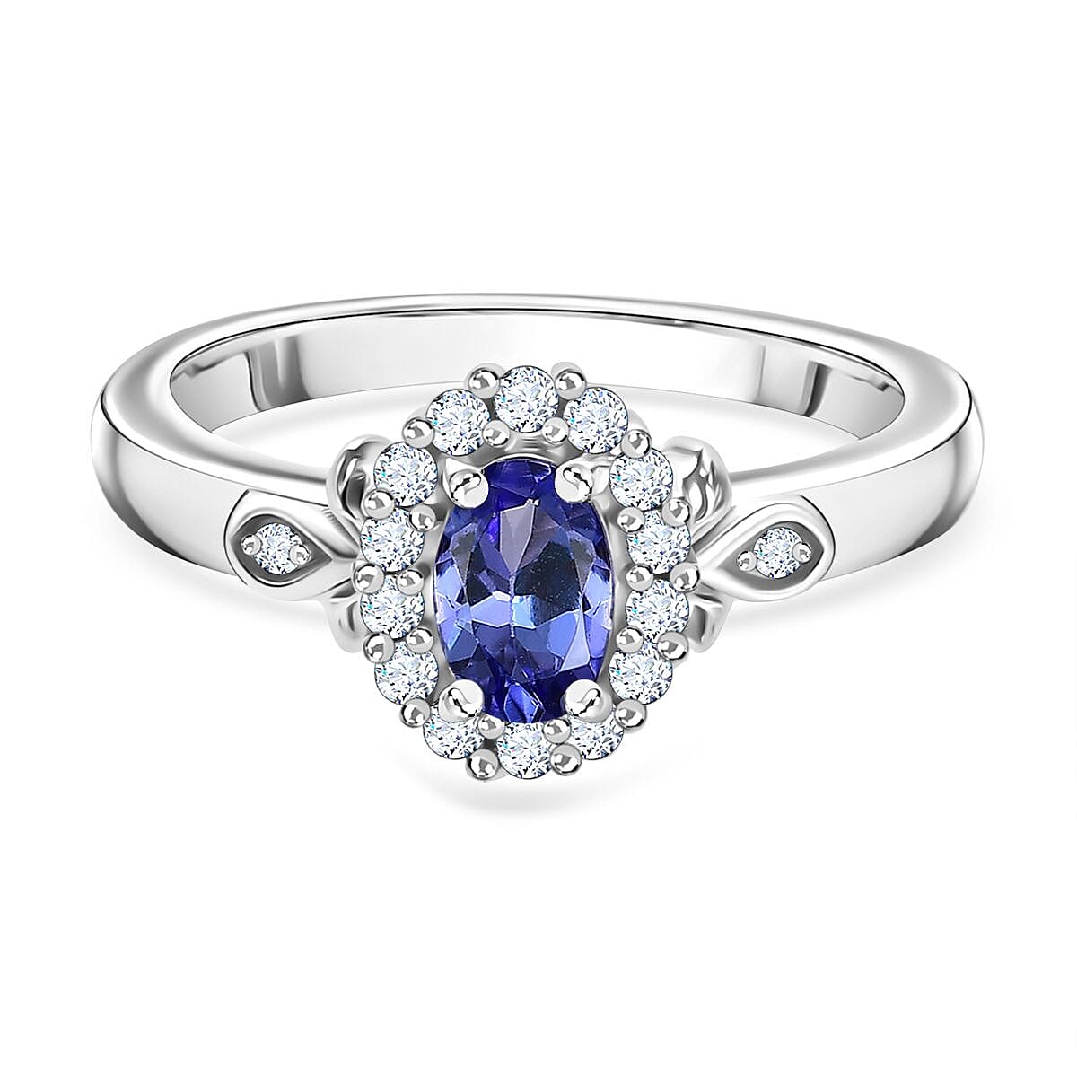 AAA Tanzanite, Natural Zircon Halo Ring in Rhodium Overlay Sterling Silver 7818690 0