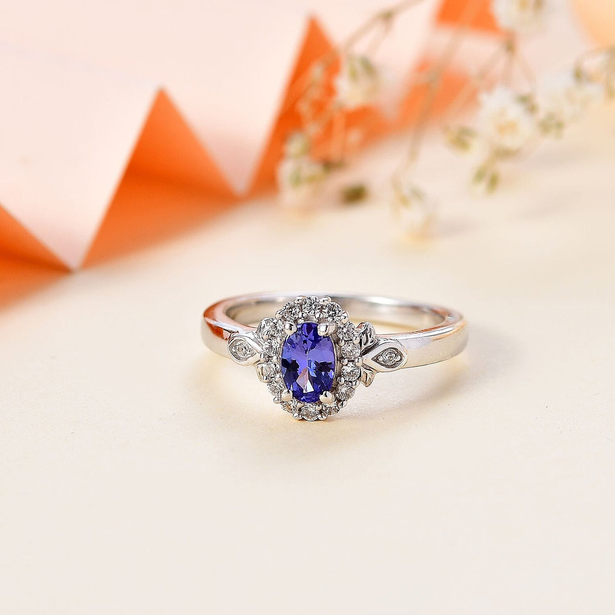 AAA Tanzanite, Natural Zircon Halo Ring in Rhodium Overlay Sterling Silver 7818690 1