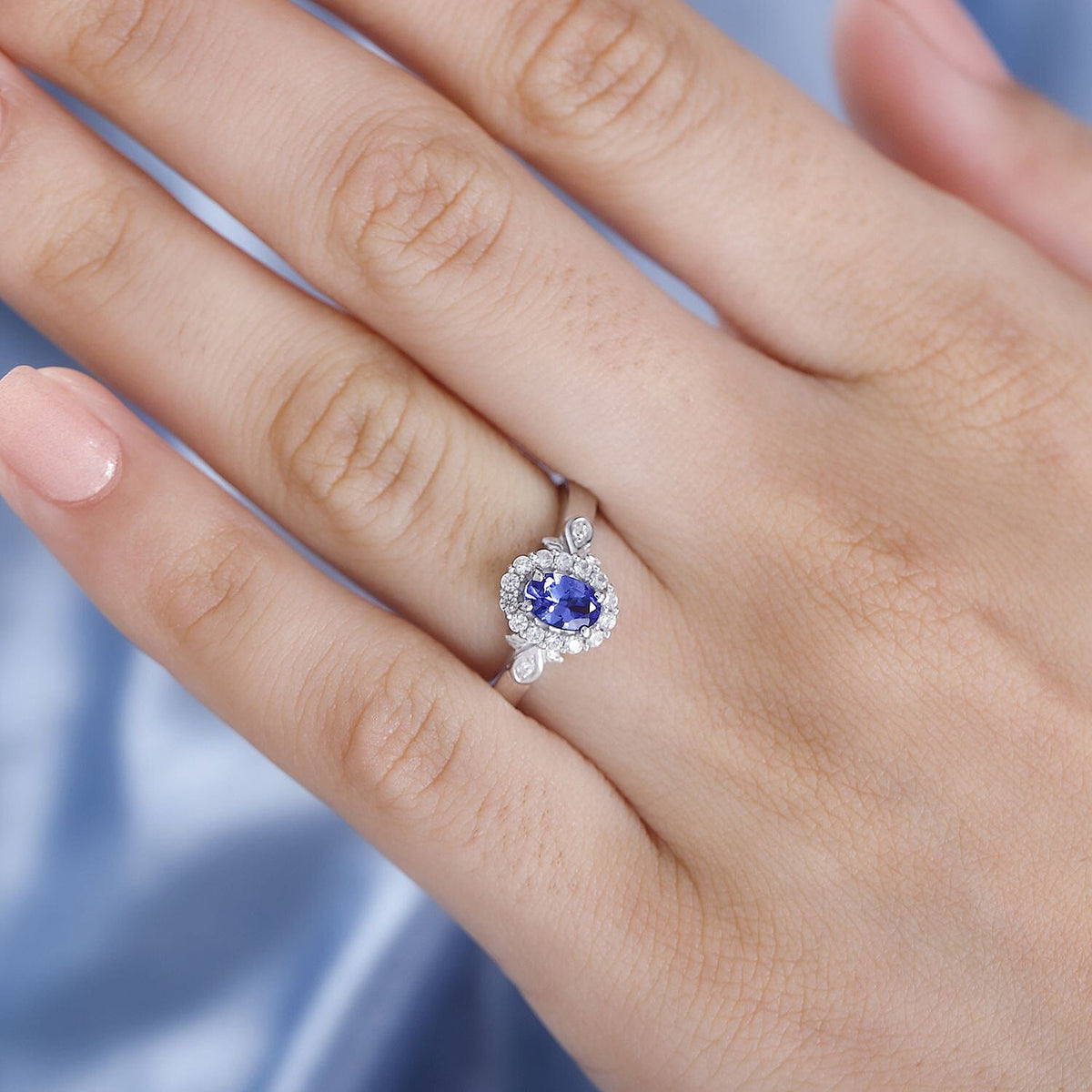 AAA Tanzanite, Natural Zircon Halo Ring in Rhodium Overlay Sterling Silver 7818690 2