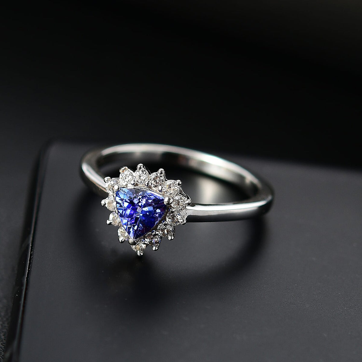 Tanzanite, White Zircon Halo Ring in Rhodium Overlay Sterling Silver 7938835 1