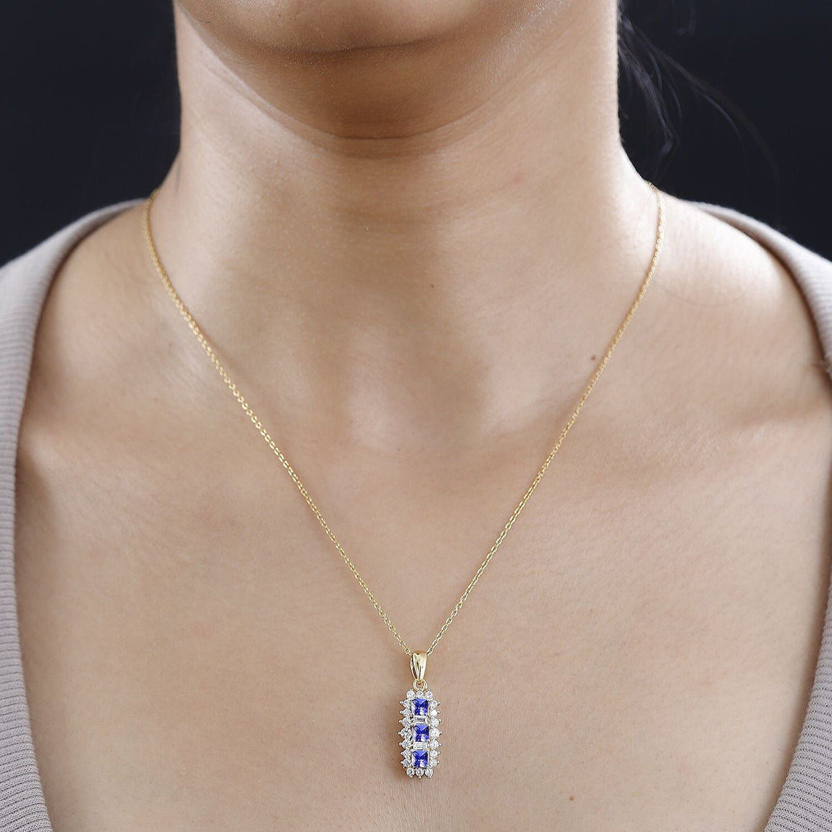 Tanzanite Trilogy Pendant with Natural Zircon in 18K Yellow Gold Vermeil Plated Sterling Silver 1.70 Ct V32647776 2