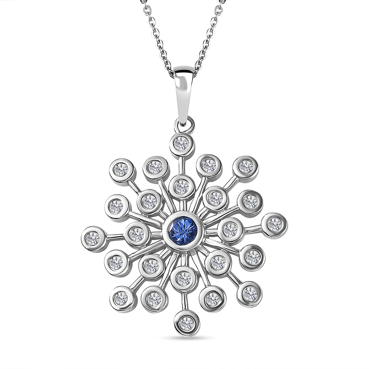 Tanzanite &amp; Natural Zircon Snowflake Pendant with Chain (Size 20) in Platinum Overlay Sterling Silver 1.55 Ct, Silver Wt. 7.20 Gms 4233732 0