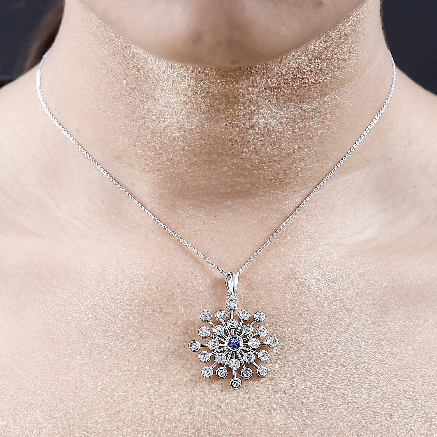 Tanzanite &amp; Natural Zircon Snowflake Pendant with Chain (Size 20) in Platinum Overlay Sterling Silver 1.55 Ct, Silver Wt. 7.20 Gms 4233732 1