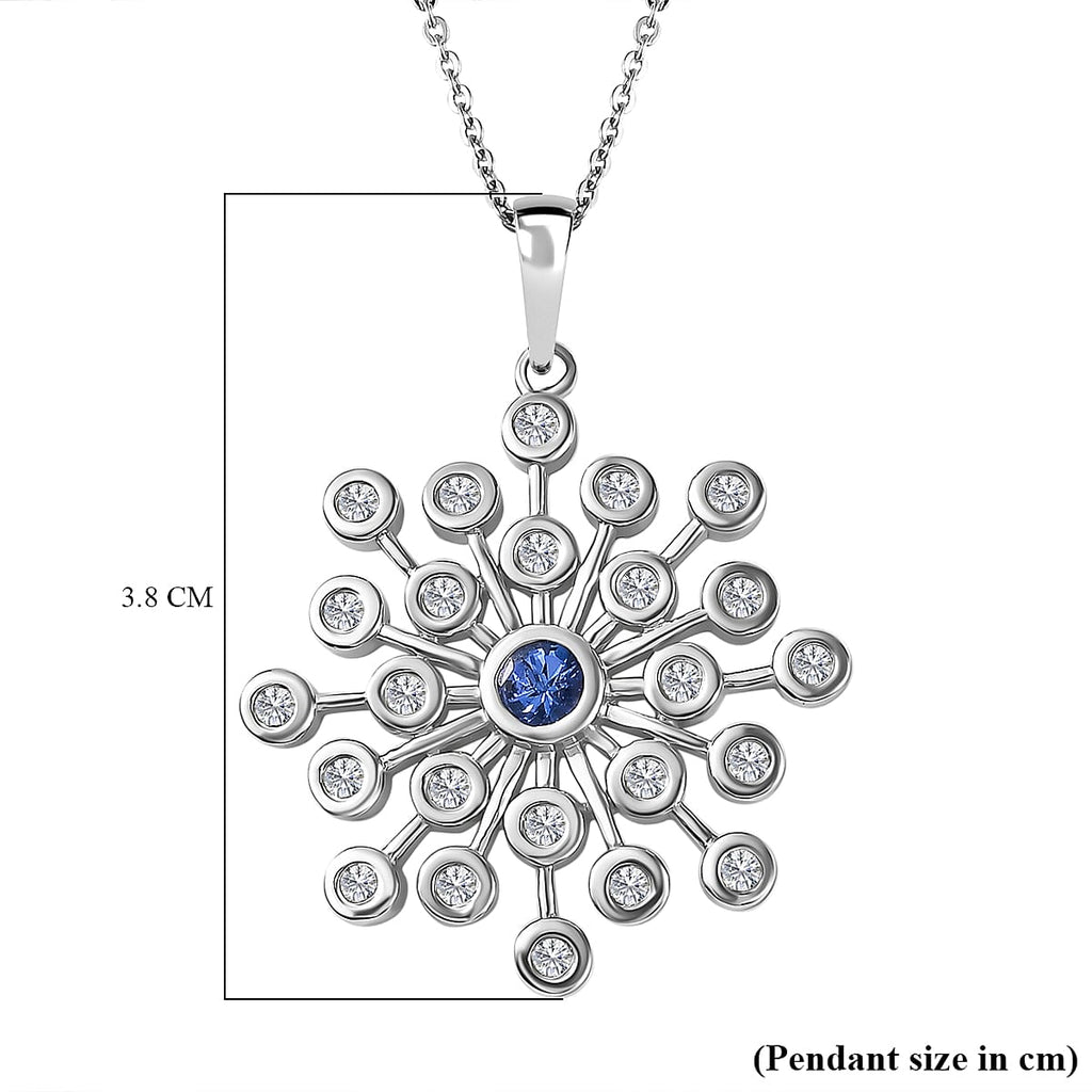 Tanzanite & Natural Zircon Snowflake Pendant with Chain (Size 20) in Platinum Overlay Sterling Silver 1.55 Ct, Silver Wt. 7.20 Gms
