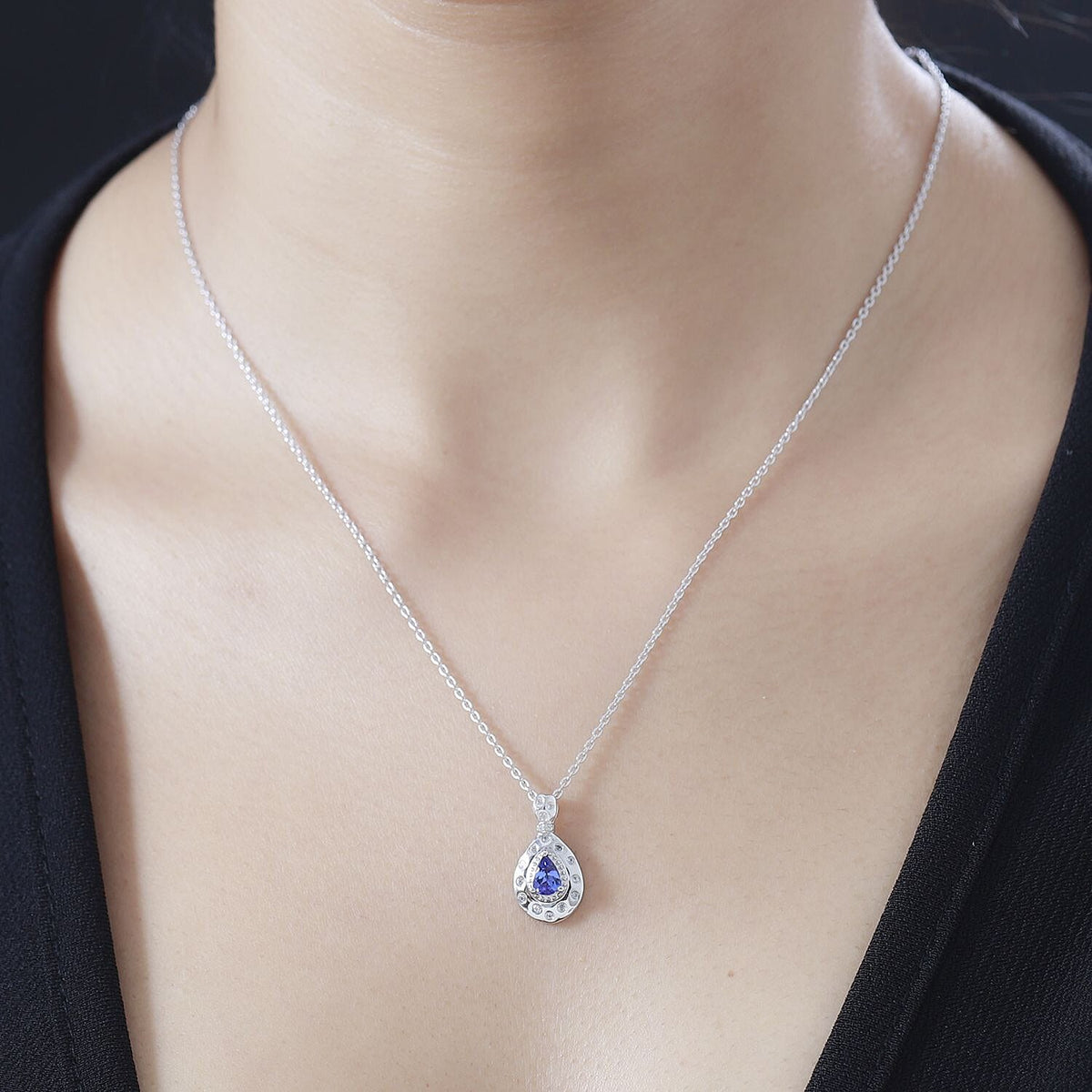 AAA Tanzanite &amp; Natural Zircon Flush Pendant with Chain (Size 20) in Platinum Overlay Sterling Silver 4267651 2
