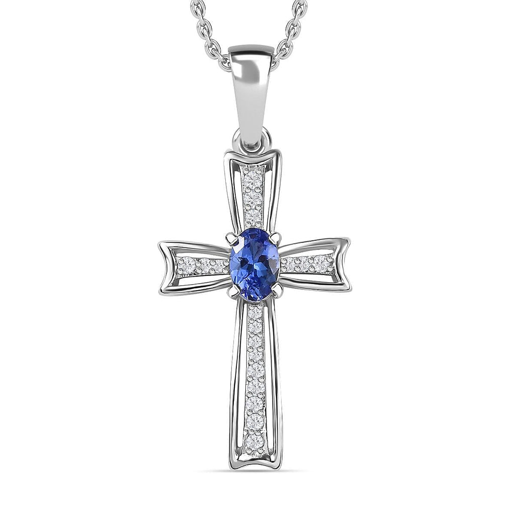 AAA Tanzanite & Natural Zircon Cross Pendant with Chain (Size 20) in Platinum Overlay Sterling Silver