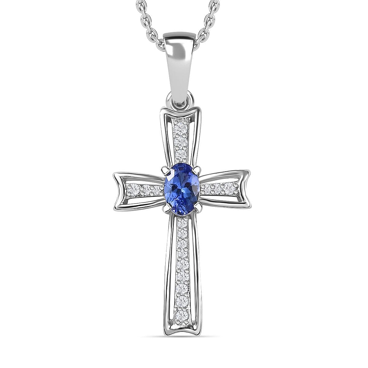 AAA Tanzanite &amp; Natural Zircon Cross Pendant with Chain (Size 20) in Platinum Overlay Sterling Silver 4267676 0