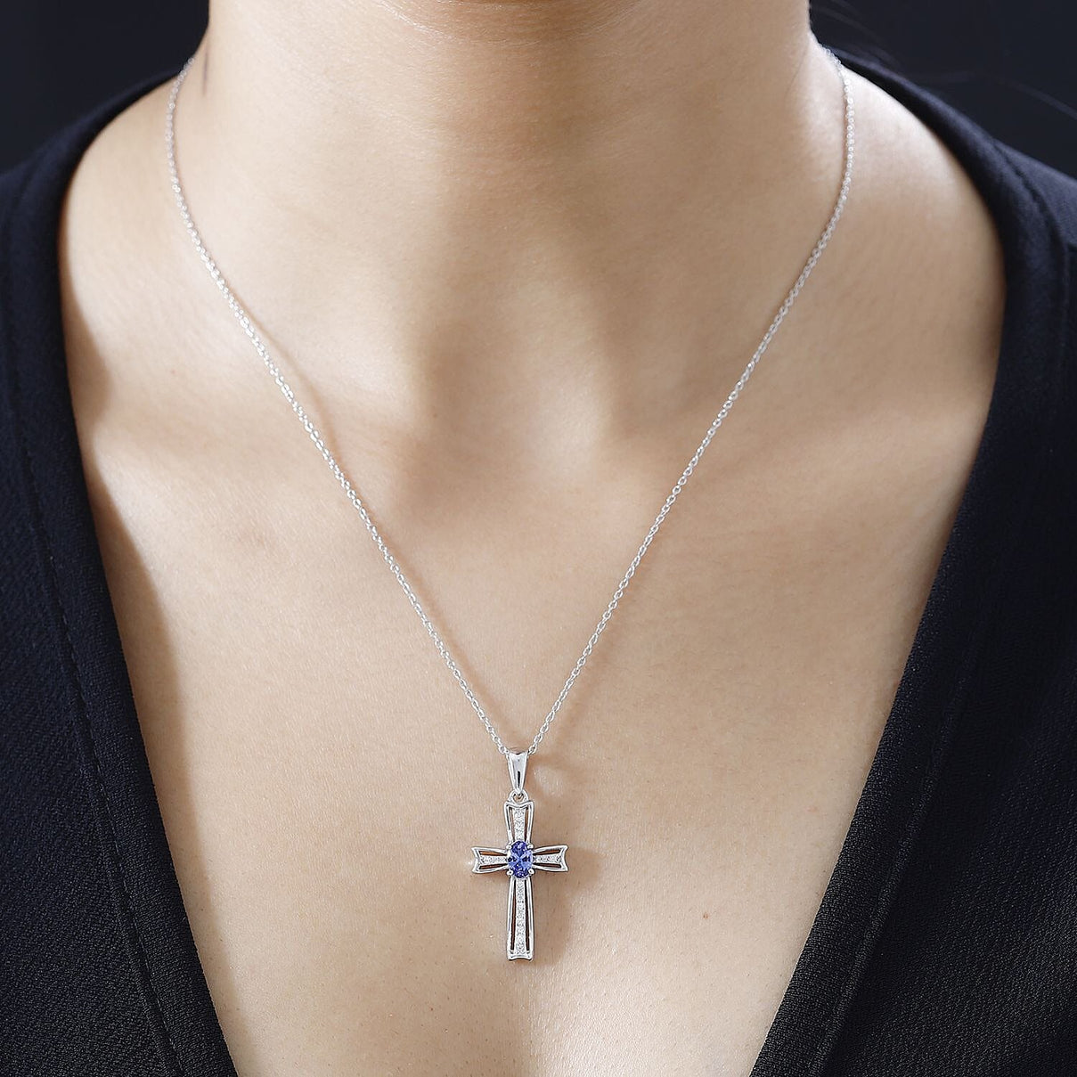 AAA Tanzanite &amp; Natural Zircon Cross Pendant with Chain (Size 20) in Platinum Overlay Sterling Silver 4267676 1