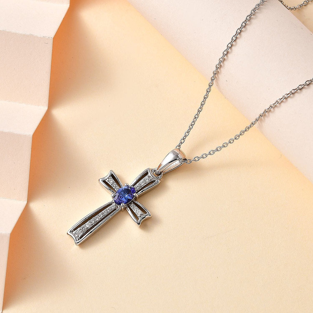 AAA Tanzanite & Natural Zircon Cross Pendant with Chain (Size 20) in Platinum Overlay Sterling Silver