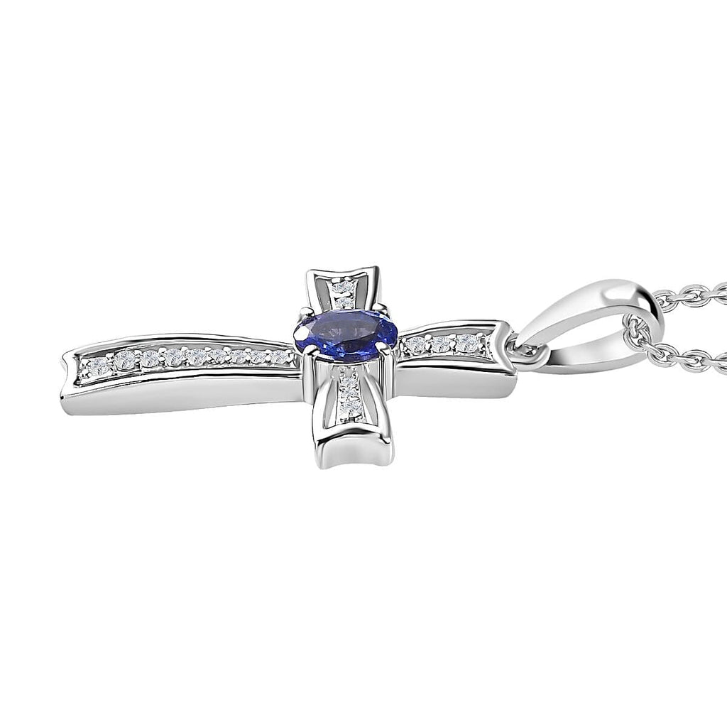 AAA Tanzanite & Natural Zircon Cross Pendant with Chain (Size 20) in Platinum Overlay Sterling Silver