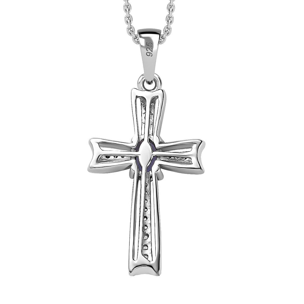 AAA Tanzanite & Natural Zircon Cross Pendant with Chain (Size 20) in Platinum Overlay Sterling Silver
