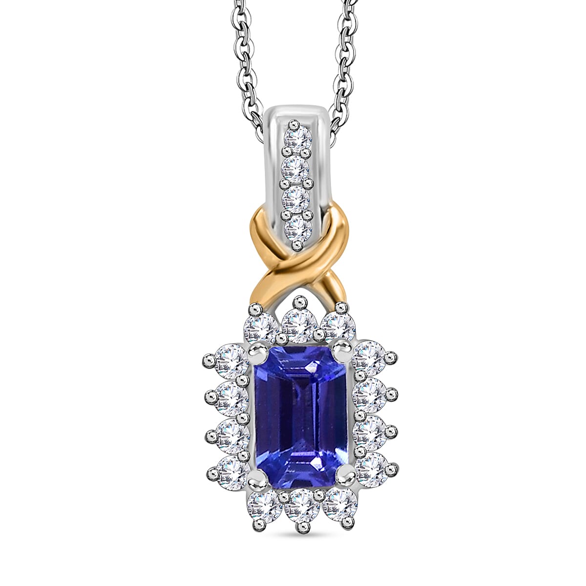 Tanzanite, White Zircon Halo Pendant with Chain (Size 20) in Rhodium and 18K Vermeil Yellow Gold Plated Sterling Silver 4311683 0