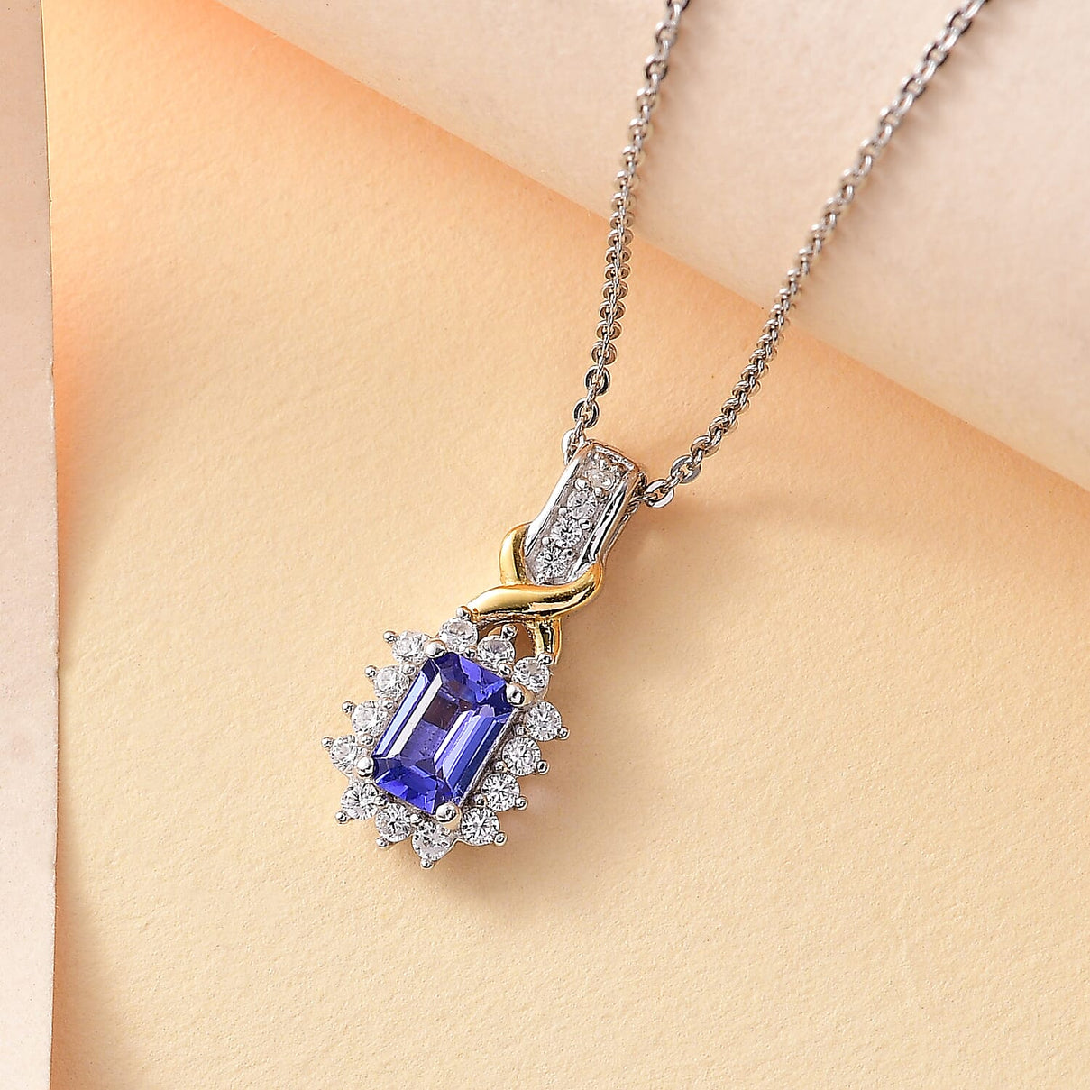 Tanzanite, White Zircon Halo Pendant with Chain (Size 20) in Rhodium and 18K Vermeil Yellow Gold Plated Sterling Silver 4311683 2
