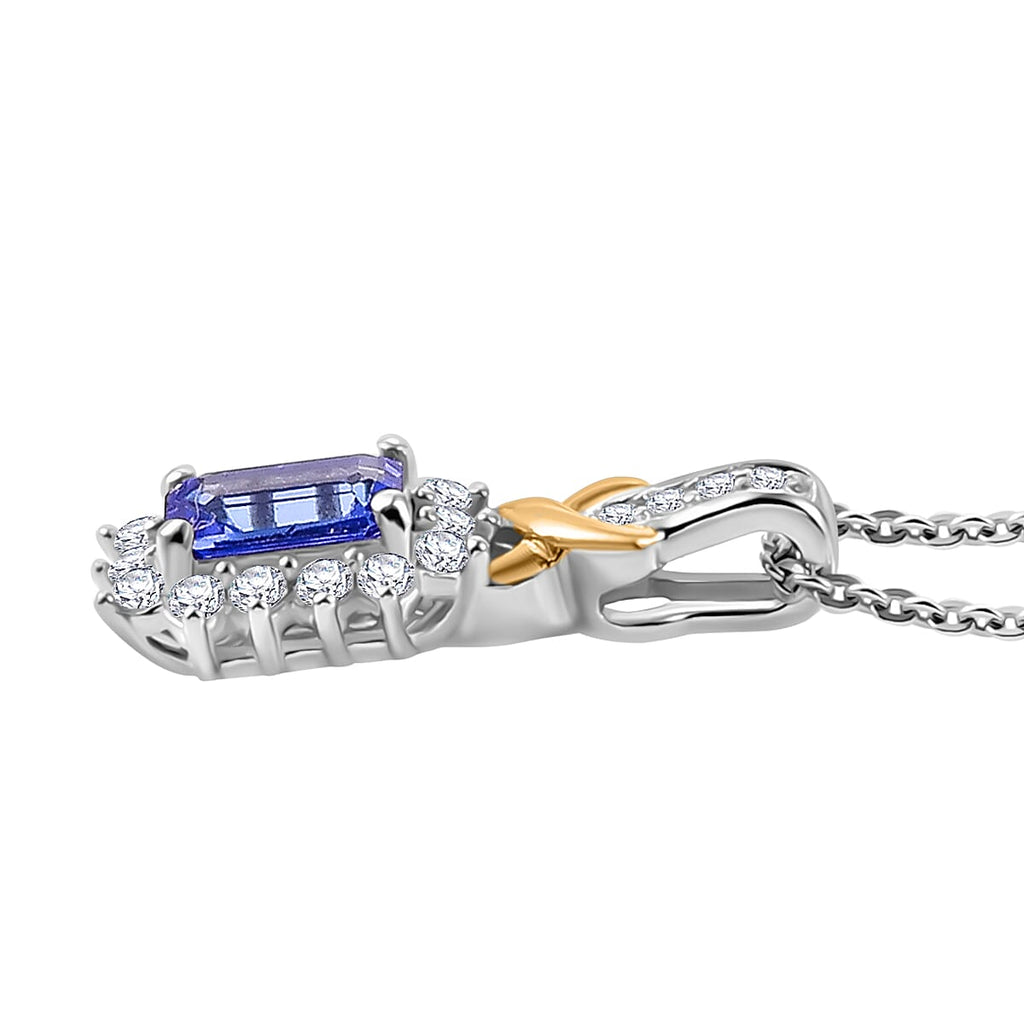 AAA Tanzanite & White Zircon Pendant with Silver Chain (Size 20) in 18K Vermeil Yellow Gold Plated in Rodium Overlay Sterling Silver 1.14 Ct.