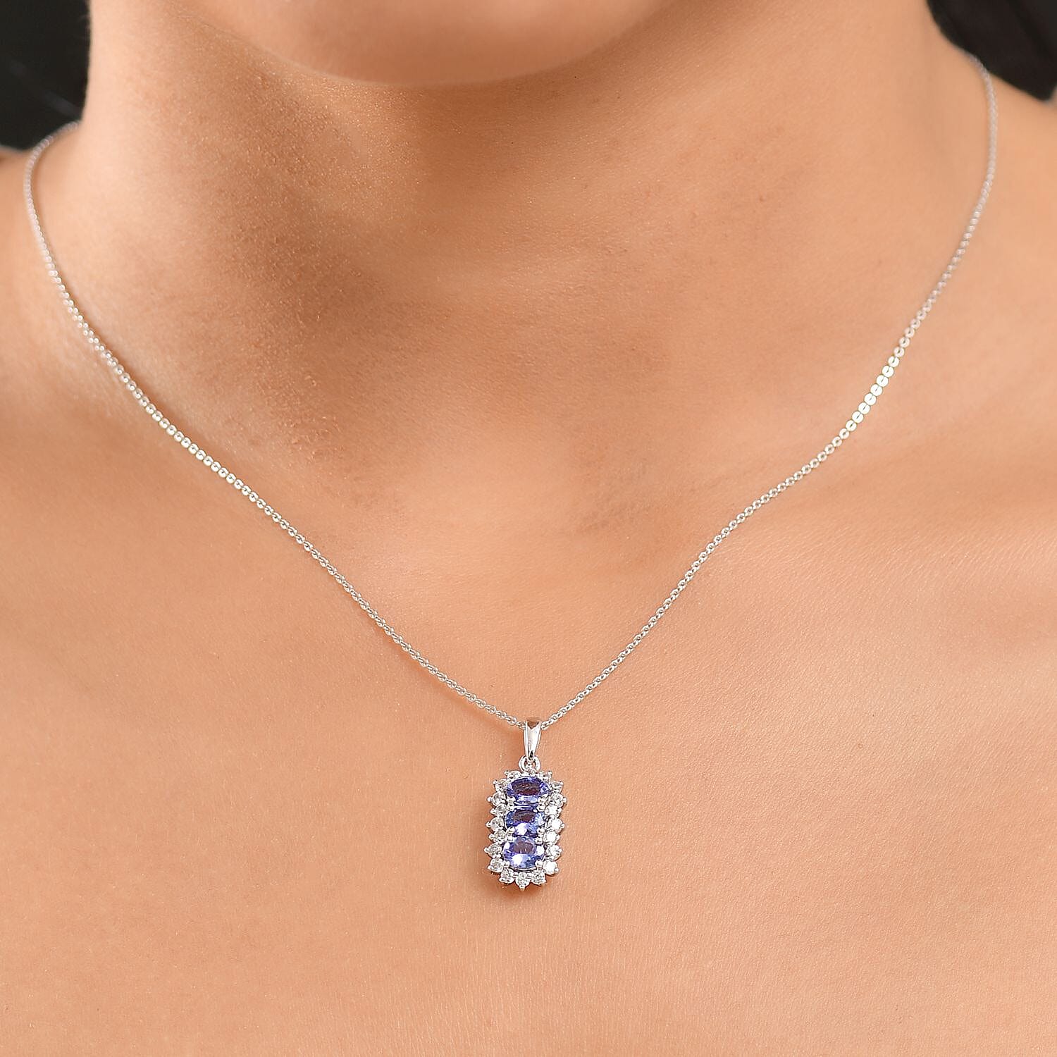 Tanzanite, White Zircon Trilogy Pendant with Chain (Size 20) in Platinum Overlay Sterling Silver 1.75 Ct. 4407657 2