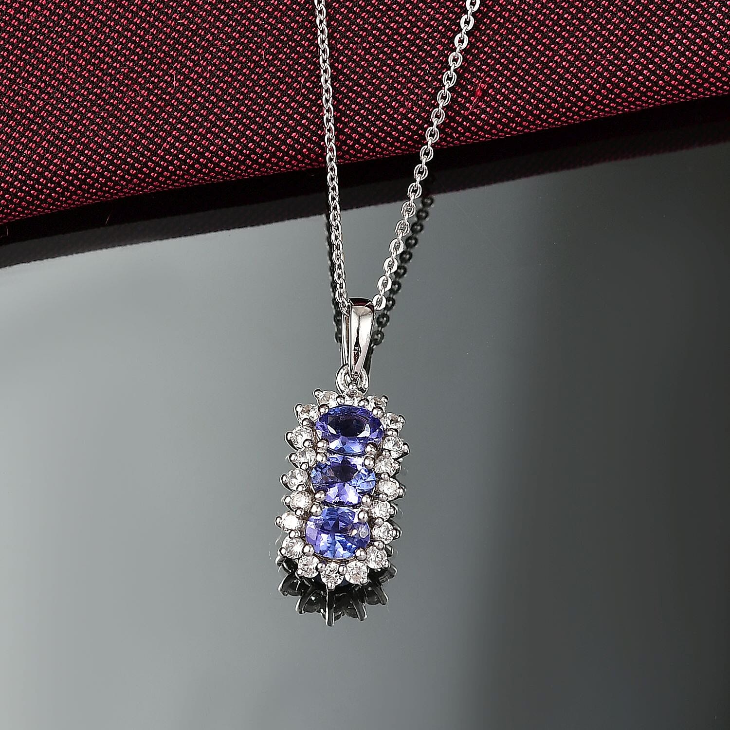 Tanzanite, White Zircon Trilogy Pendant with Chain (Size 20) in Platinum Overlay Sterling Silver 1.75 Ct. 4407657 3