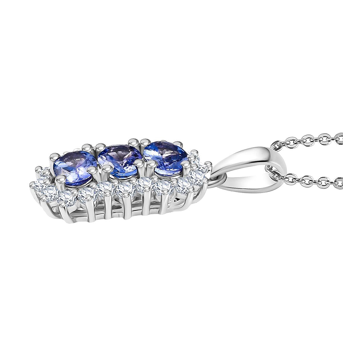 Tanzanite, White Zircon Trilogy Pendant with Chain (Size 20) in Platinum Overlay Sterling Silver 1.75 Ct. 4407657 4