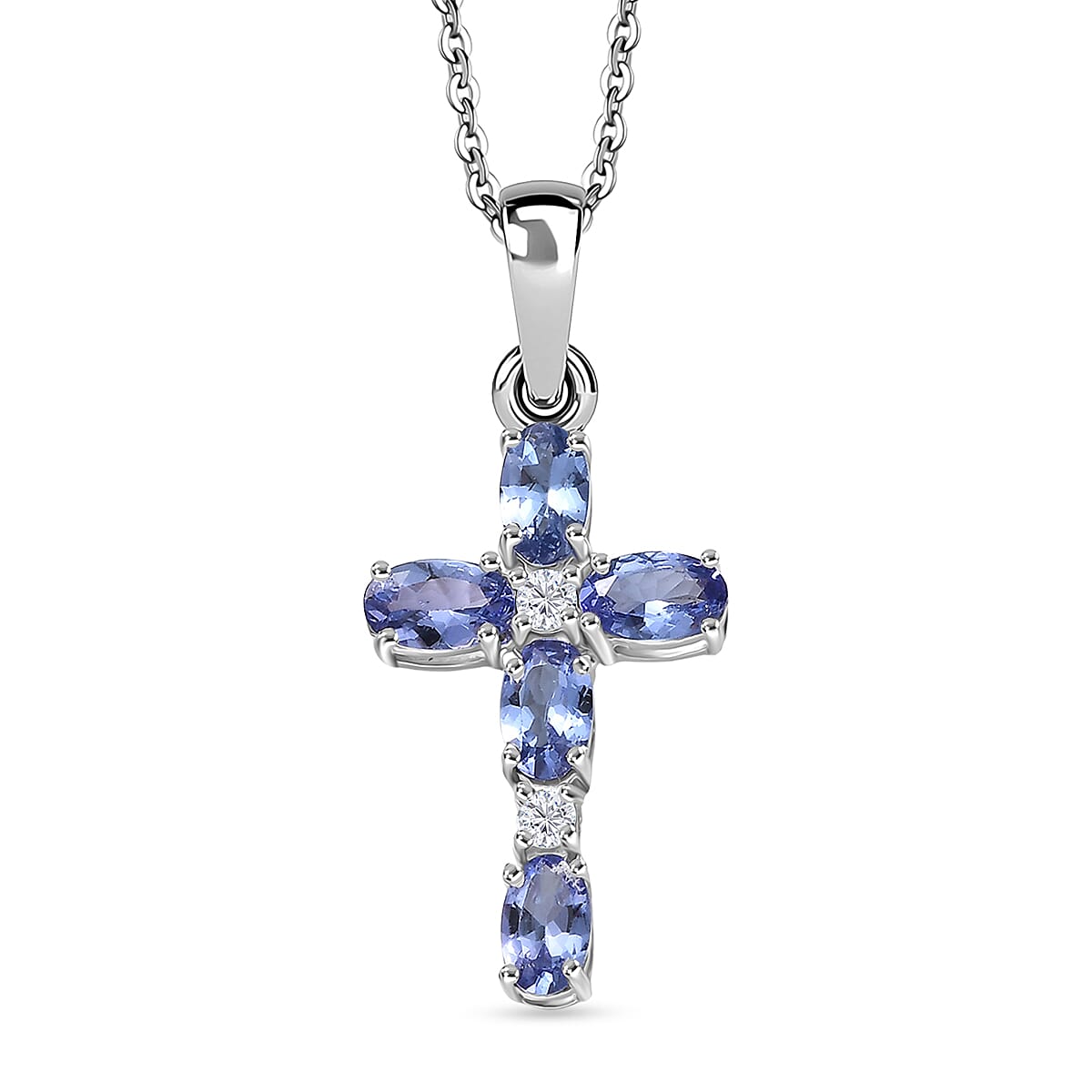 D'Joy Tanzanite &amp; White Zircon Cross Pendant with Chain (Size 20) in Platinum Overlay Sterling Silver 1.27 Ct. 4430347 0
