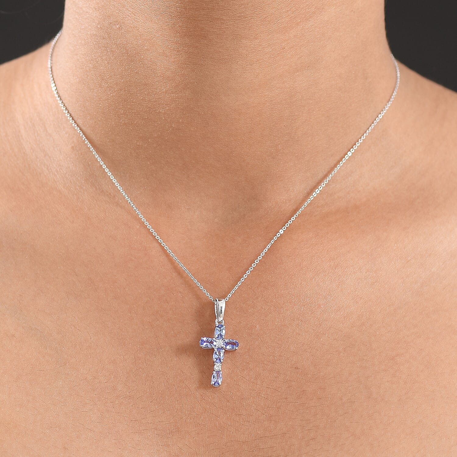 D'Joy Tanzanite &amp; White Zircon Cross Pendant with Chain (Size 20) in Platinum Overlay Sterling Silver 1.27 Ct. 4430347 2