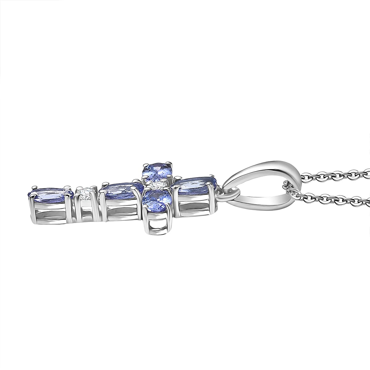 D'Joy Tanzanite &amp; White Zircon Cross Pendant with Chain (Size 20) in Platinum Overlay Sterling Silver 1.27 Ct. 4430347 4