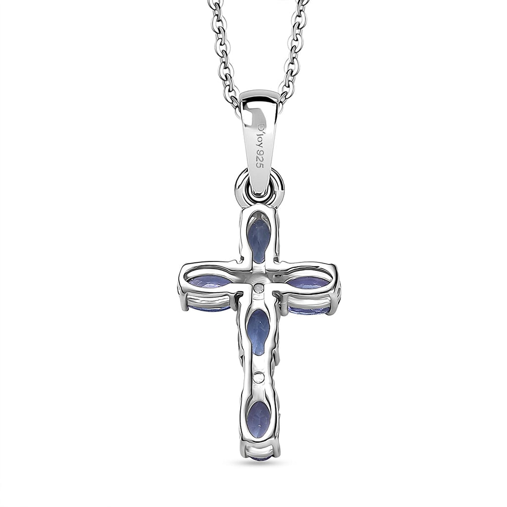 D'Joy Tanzanite & White Zircon Cross Pendant with Chain (Size 20) in Platinum Overlay Sterling Silver 1.27 Ct.
