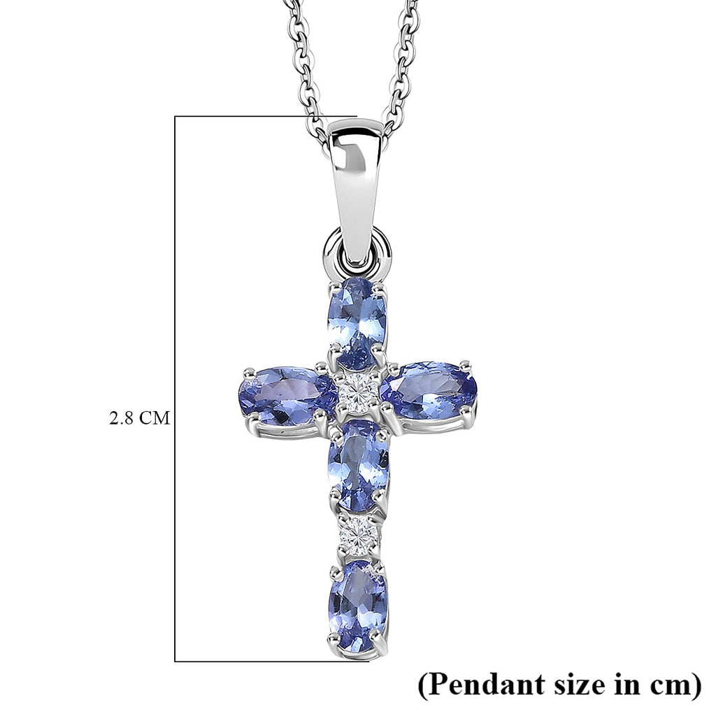 D'Joy Tanzanite & White Zircon Cross Pendant with Chain (Size 20) in Platinum Overlay Sterling Silver 1.27 Ct.