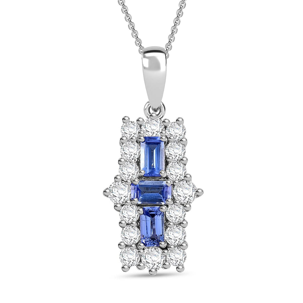 Tanzanite & White Zircon Pendant with Chain (Size - 20) in Rhodium Overlay Sterling Silver 2.81 Ct.