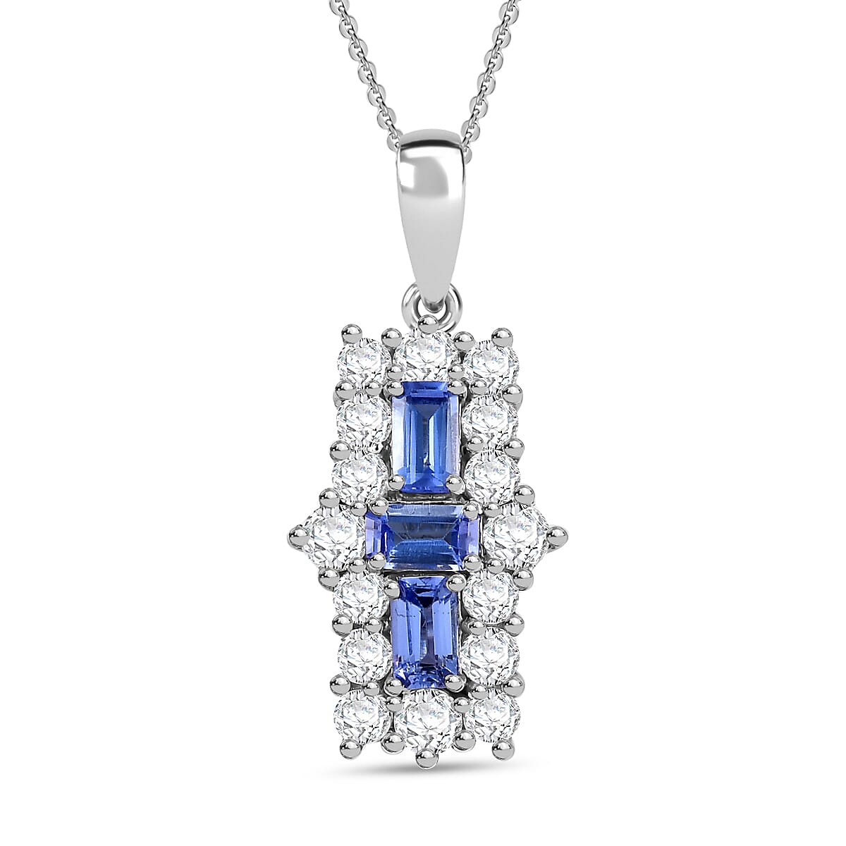 Tanzanite and White Zircon Pendant with Chain (Size - 20) in Rhodium Overlay Sterling Silver 4332676 0