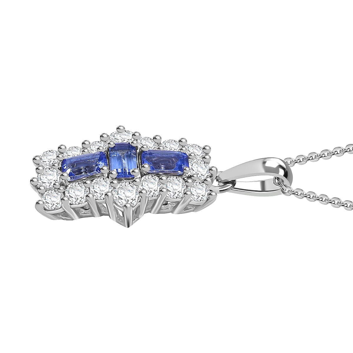 Tanzanite and White Zircon Pendant with Chain (Size - 20) in Rhodium Overlay Sterling Silver 4332676 4