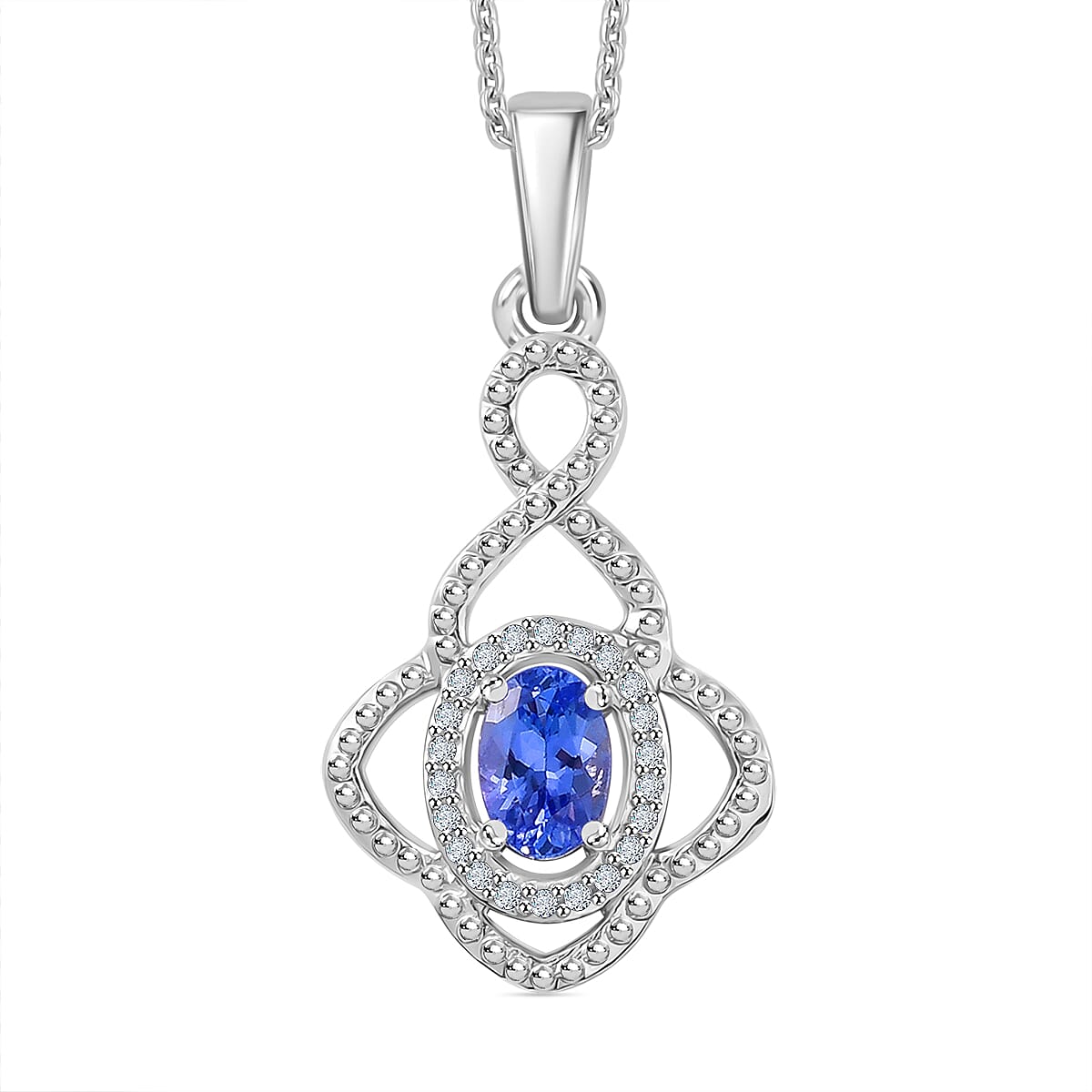Tanzanite &amp; White Zircon Pendant with Chain (Size 20) in Rhodium Overlay Sterling Silver 0.64 Ct. 4359105 0