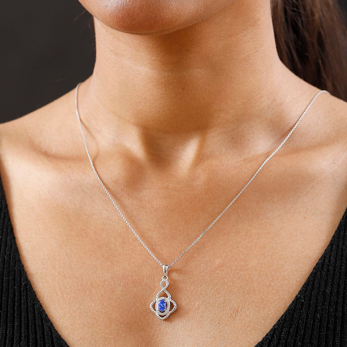Tanzanite &amp; White Zircon Pendant with Chain (Size 20) in Rhodium Overlay Sterling Silver 0.64 Ct. 4359105 2