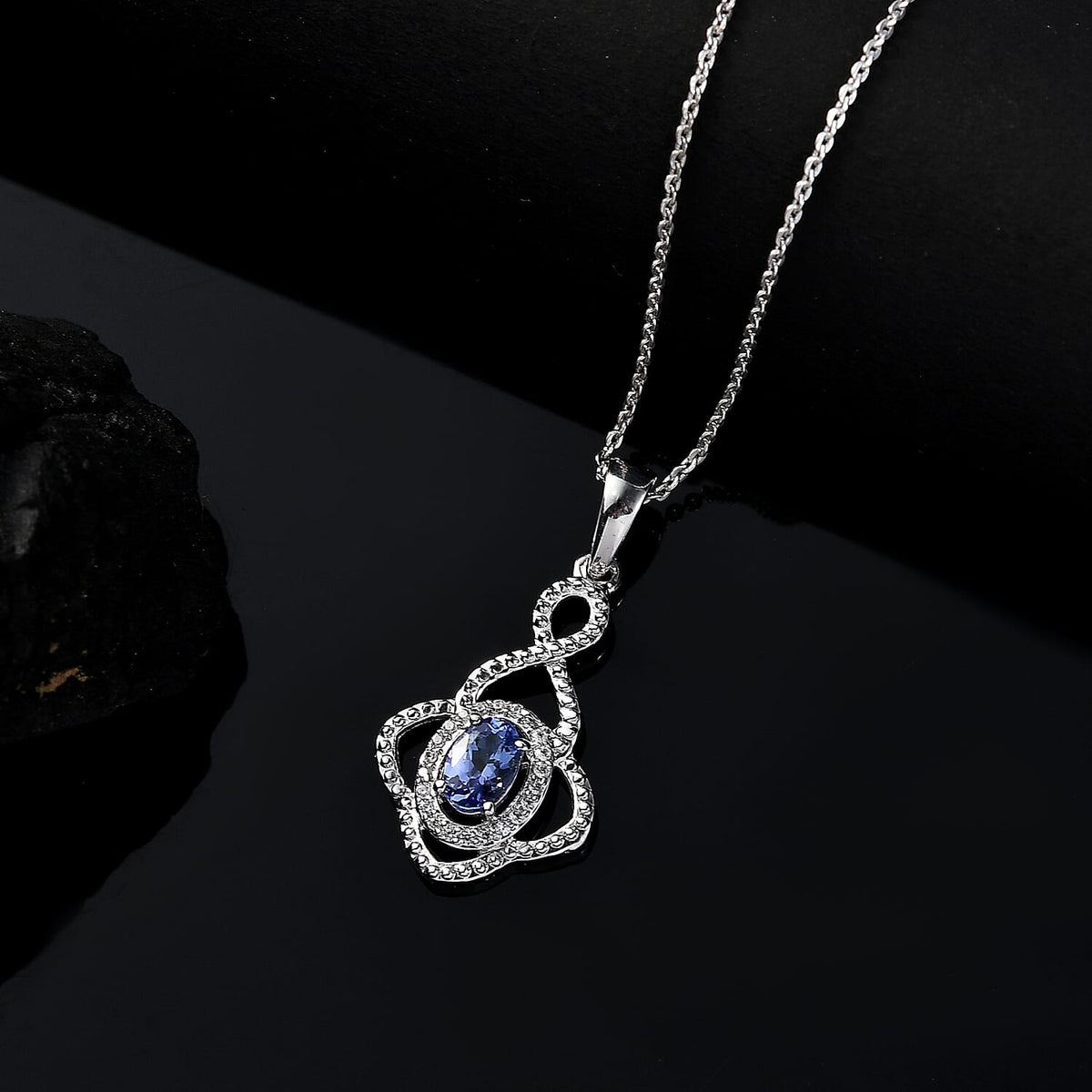Tanzanite &amp; White Zircon Pendant with Chain (Size 20) in Rhodium Overlay Sterling Silver 0.64 Ct. 4359105 3
